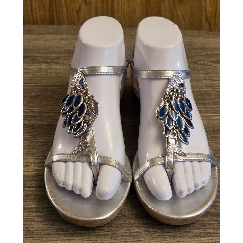 Michael Kors Strappy Sandals Womens Size 7.5 Silver Cork Wedge - Picture 2 of 11